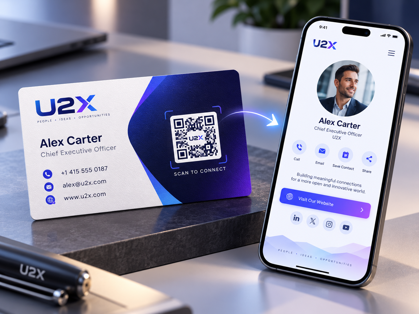 U2X QR business card example with QR code and linked digital profile